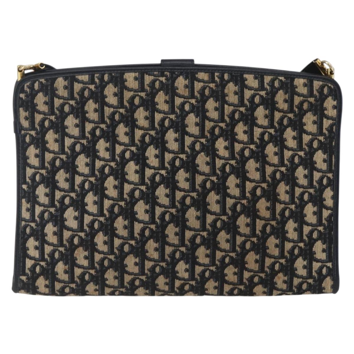 Christian Dior Trotter Canvas Shoulder Bag Navy Gold Auth mr1879