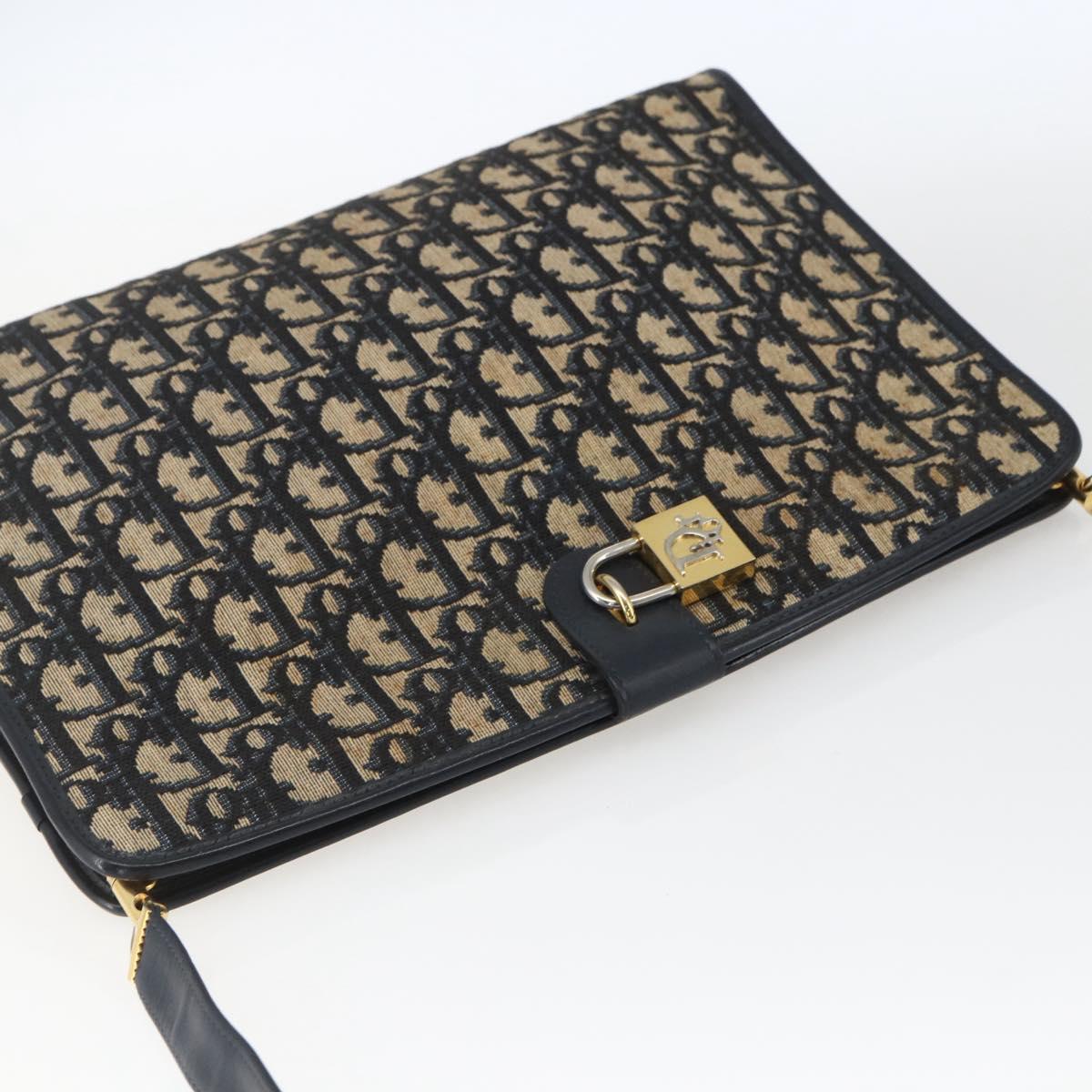 Christian Dior Trotter Canvas Shoulder Bag Navy Gold Auth mr1879