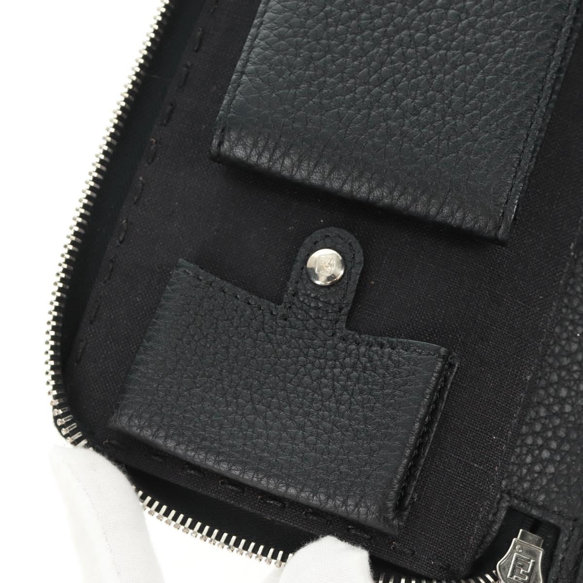 FENDI Selleria Double Zip Organizer Wallet Leather Black Silver Auth mr1886V
