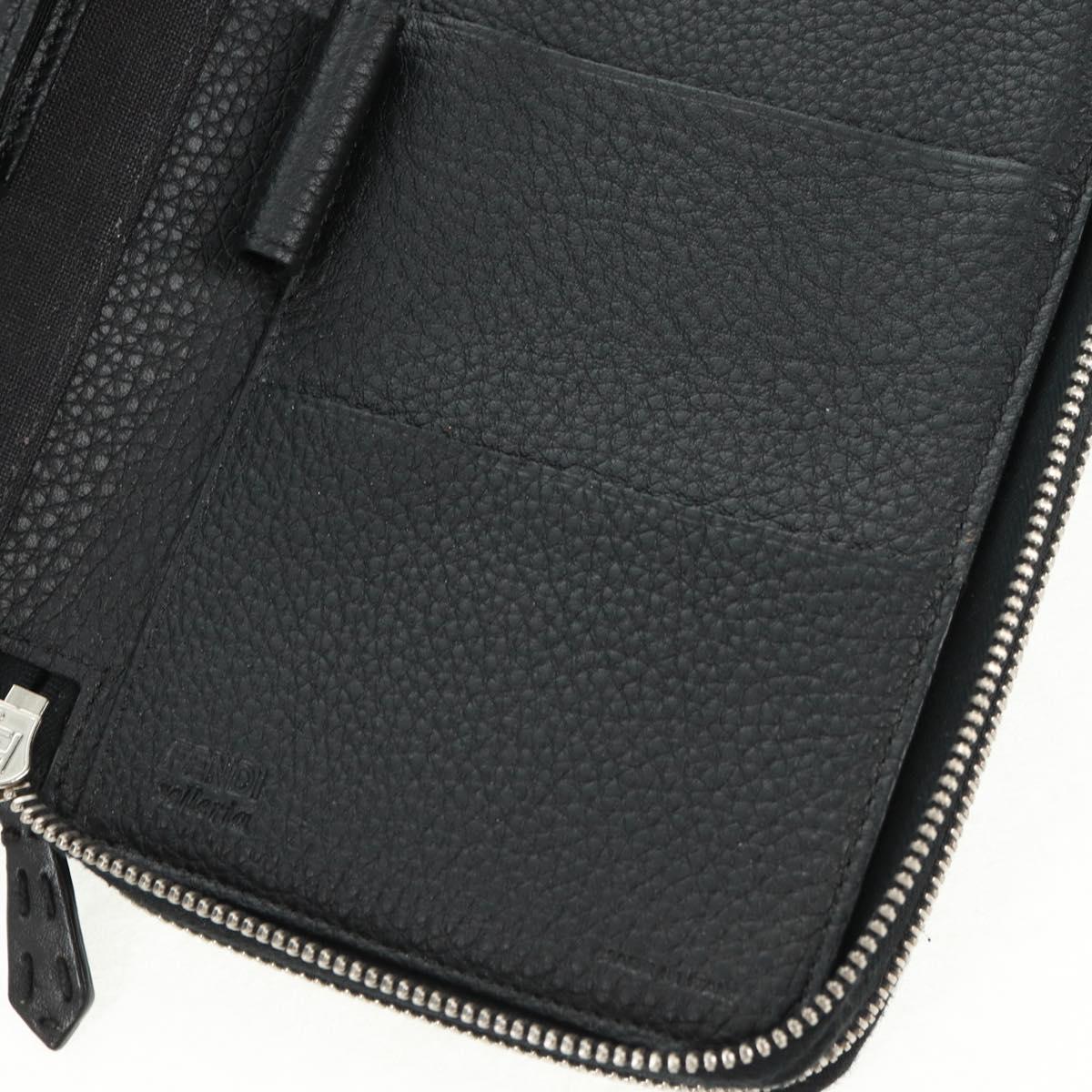 FENDI Selleria Double Zip Organizer Wallet Leather Black Silver Auth mr1886V