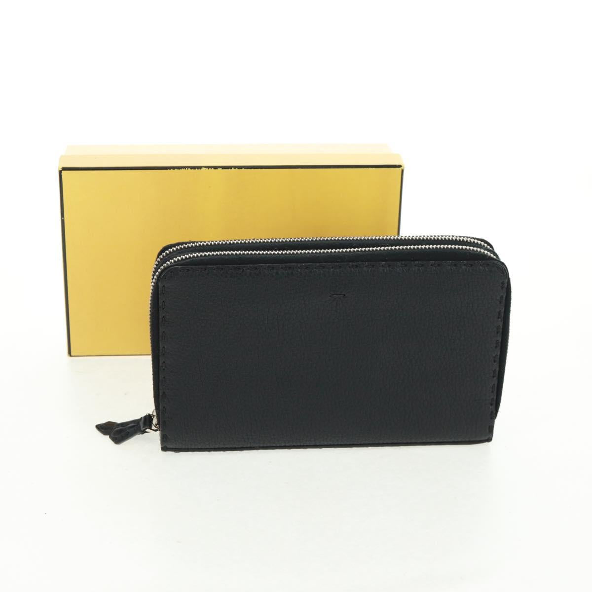 FENDI Selleria Double Zip Organizer Wallet Leather Black Silver Auth mr1886V