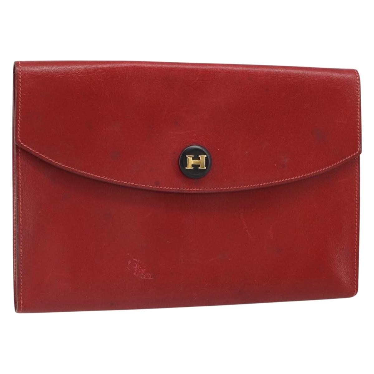 HERMES Clutch Bag Leather Red Auth mr1895