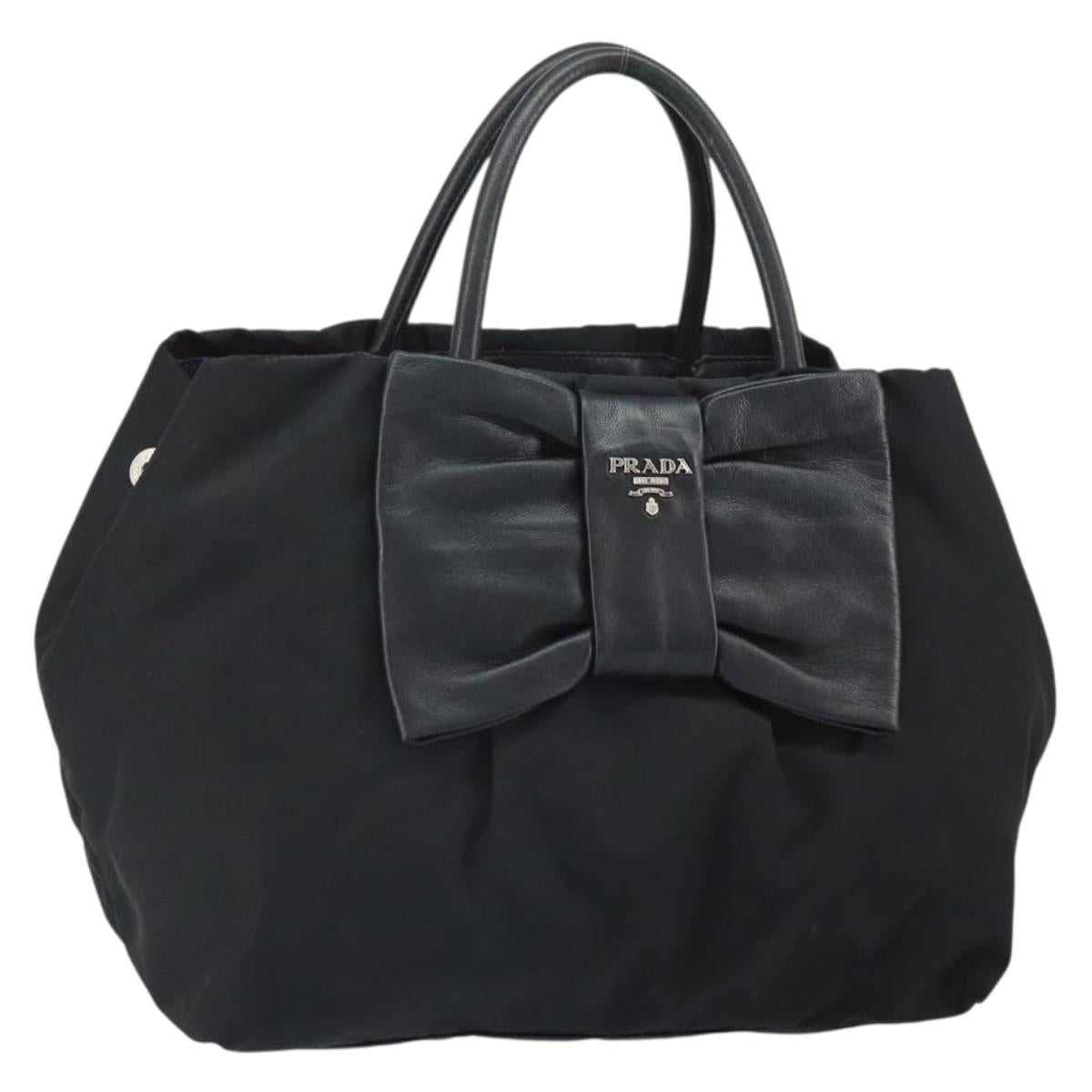 PRADA Ribbon Hand Bag Nylon Leather Black Silver Auth mr1914
