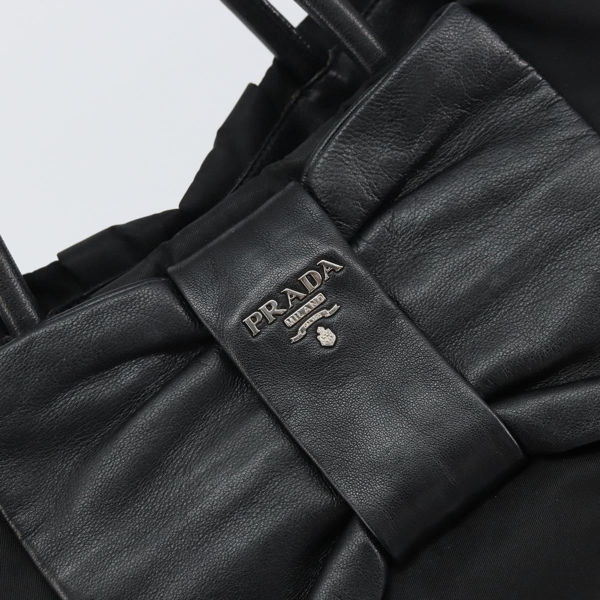 PRADA Ribbon Hand Bag Nylon Leather Black Silver Auth mr1914