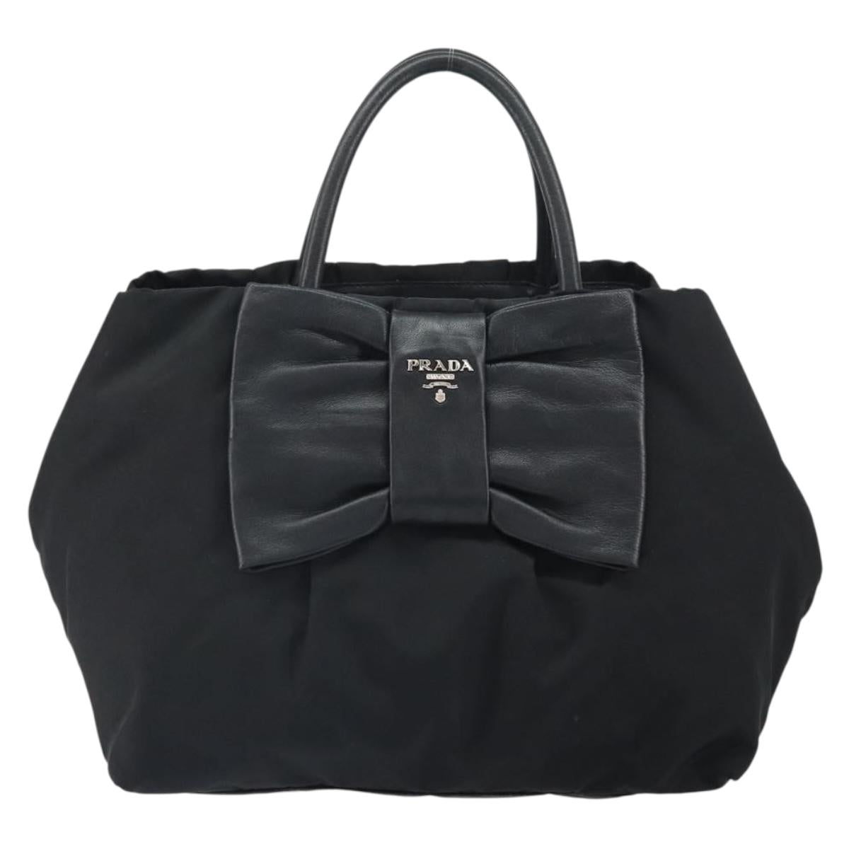 PRADA Ribbon Hand Bag Nylon Leather Black Silver Auth mr1914