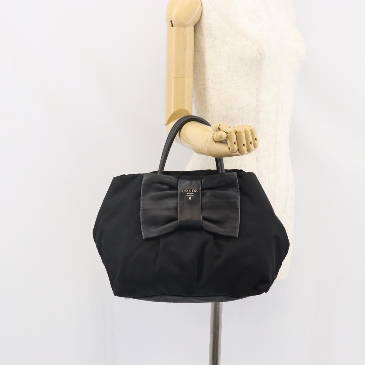 PRADA Ribbon Hand Bag Nylon Leather Black Silver Auth mr1914