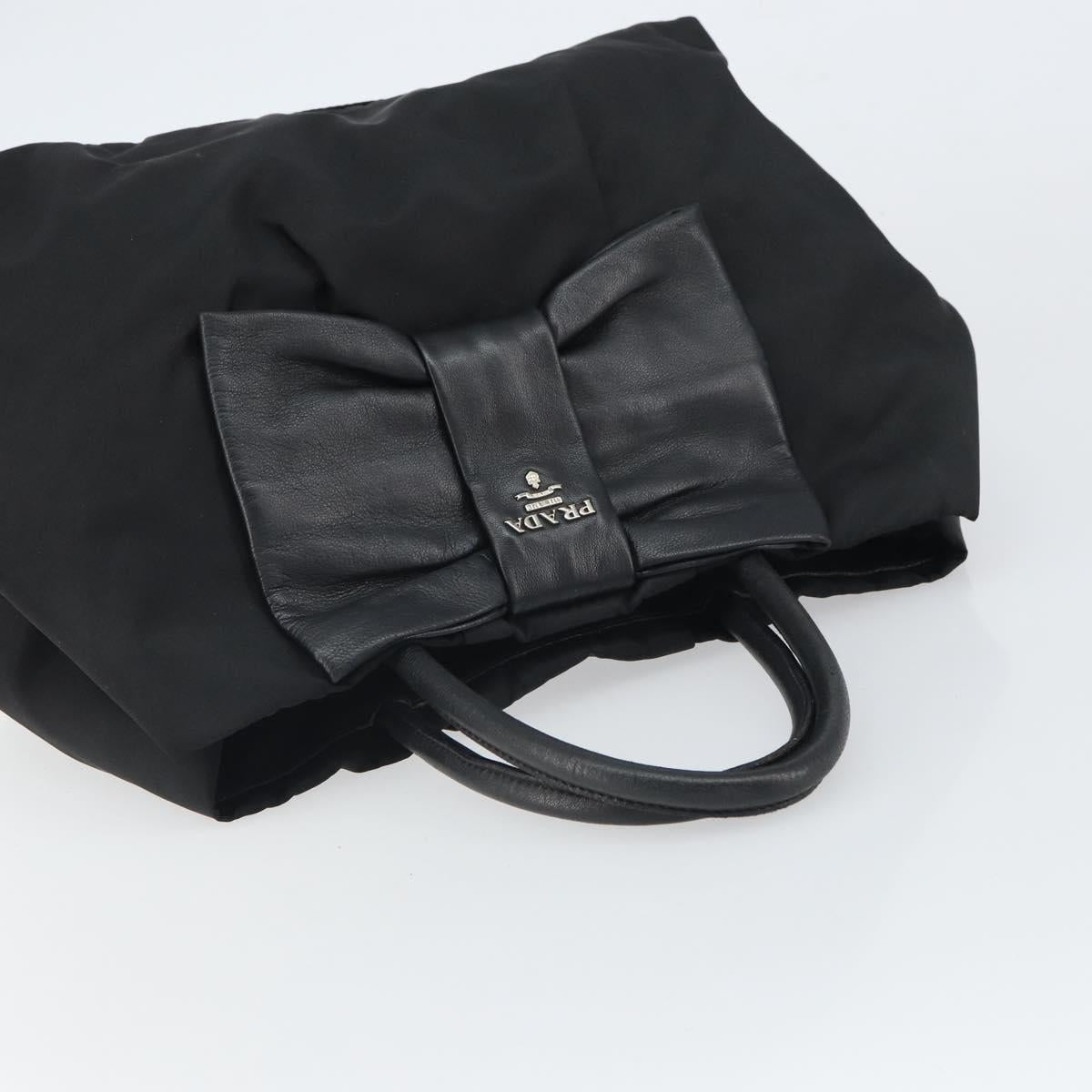 PRADA Ribbon Hand Bag Nylon Leather Black Silver Auth mr1914
