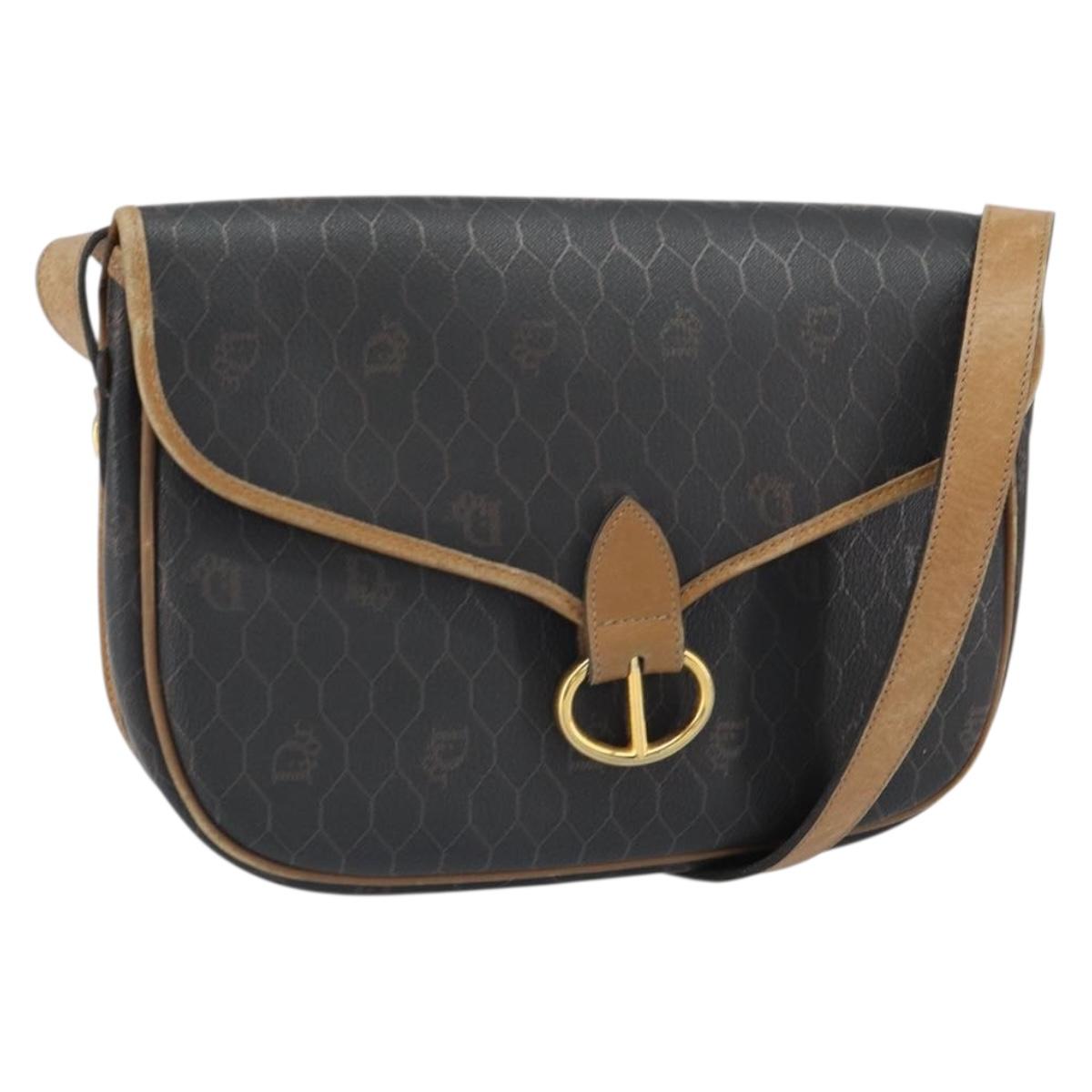 Christian Dior Honeycomb Canvas Shoulder Bag Black Gold Auth mr1916