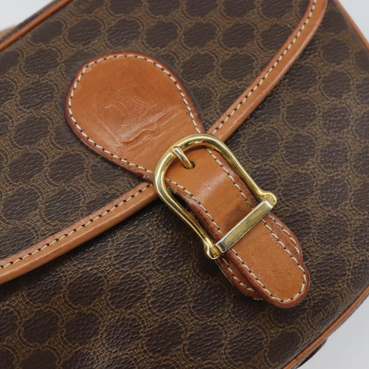 CELINE Macadam Canvas Shoulder Bag PVC Leather Brown Gold Auth mr1926