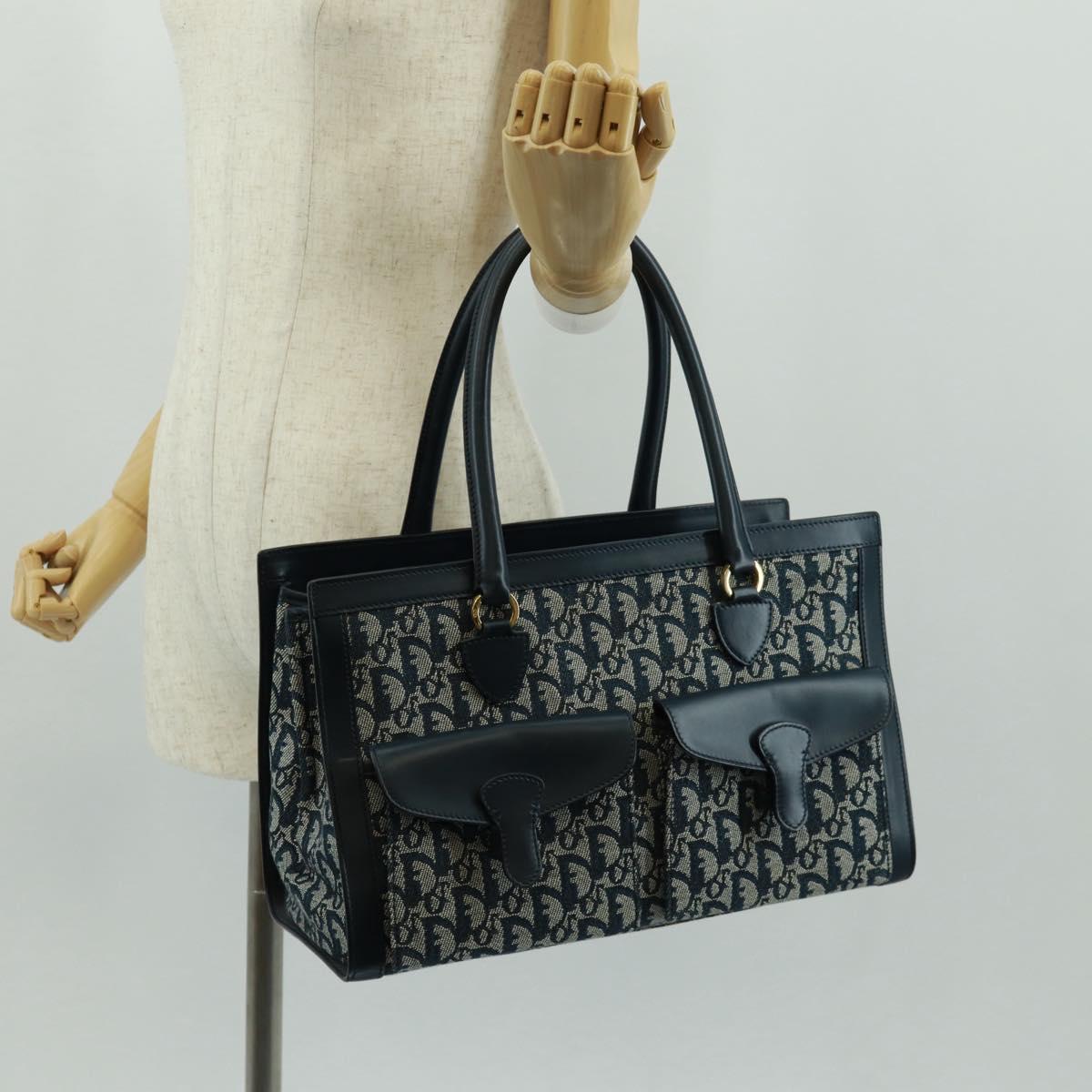 Christian Dior Trotter Canvas Hand Bag Navy Gold Auth mr1942V