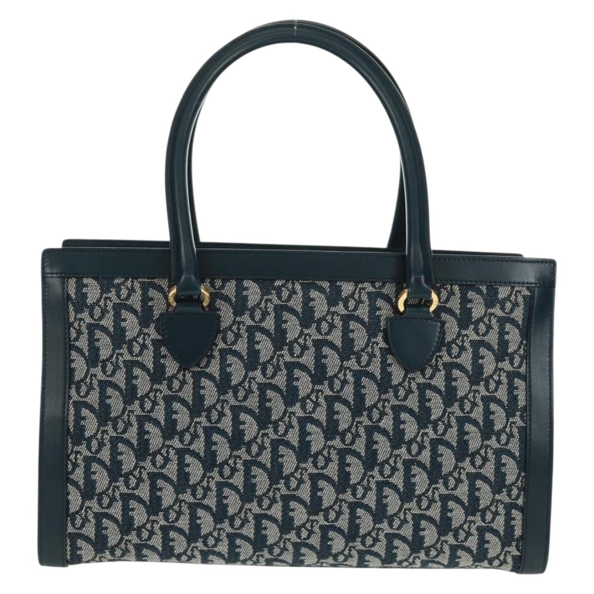 Christian Dior Trotter Canvas Hand Bag Navy Gold Auth mr1942V