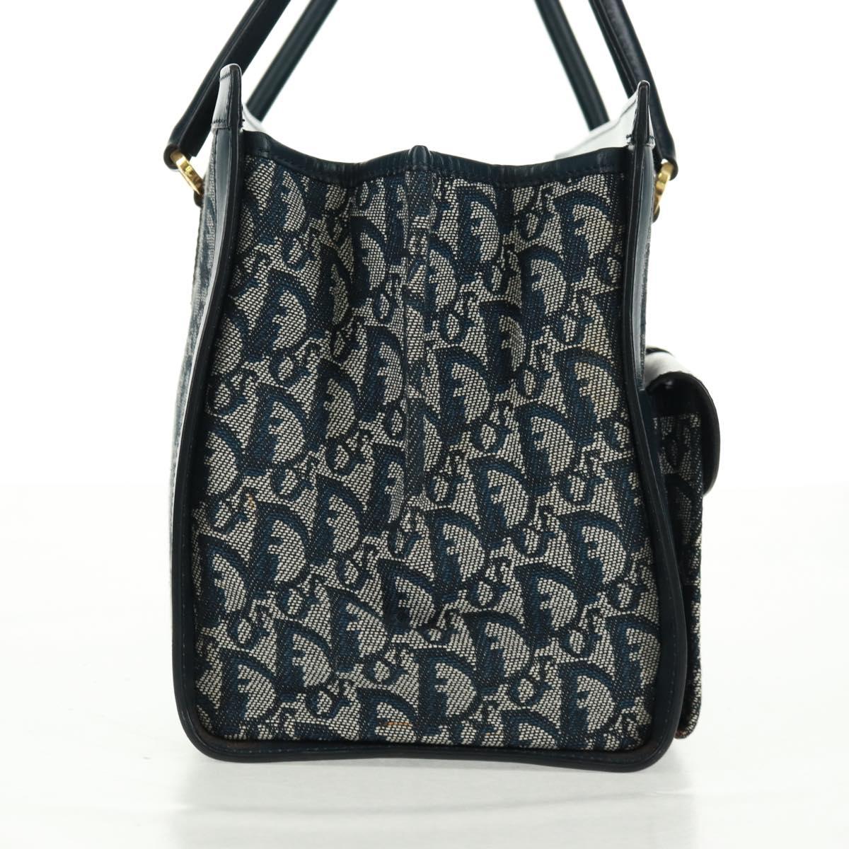 Christian Dior Trotter Canvas Hand Bag Navy Gold Auth mr1942V