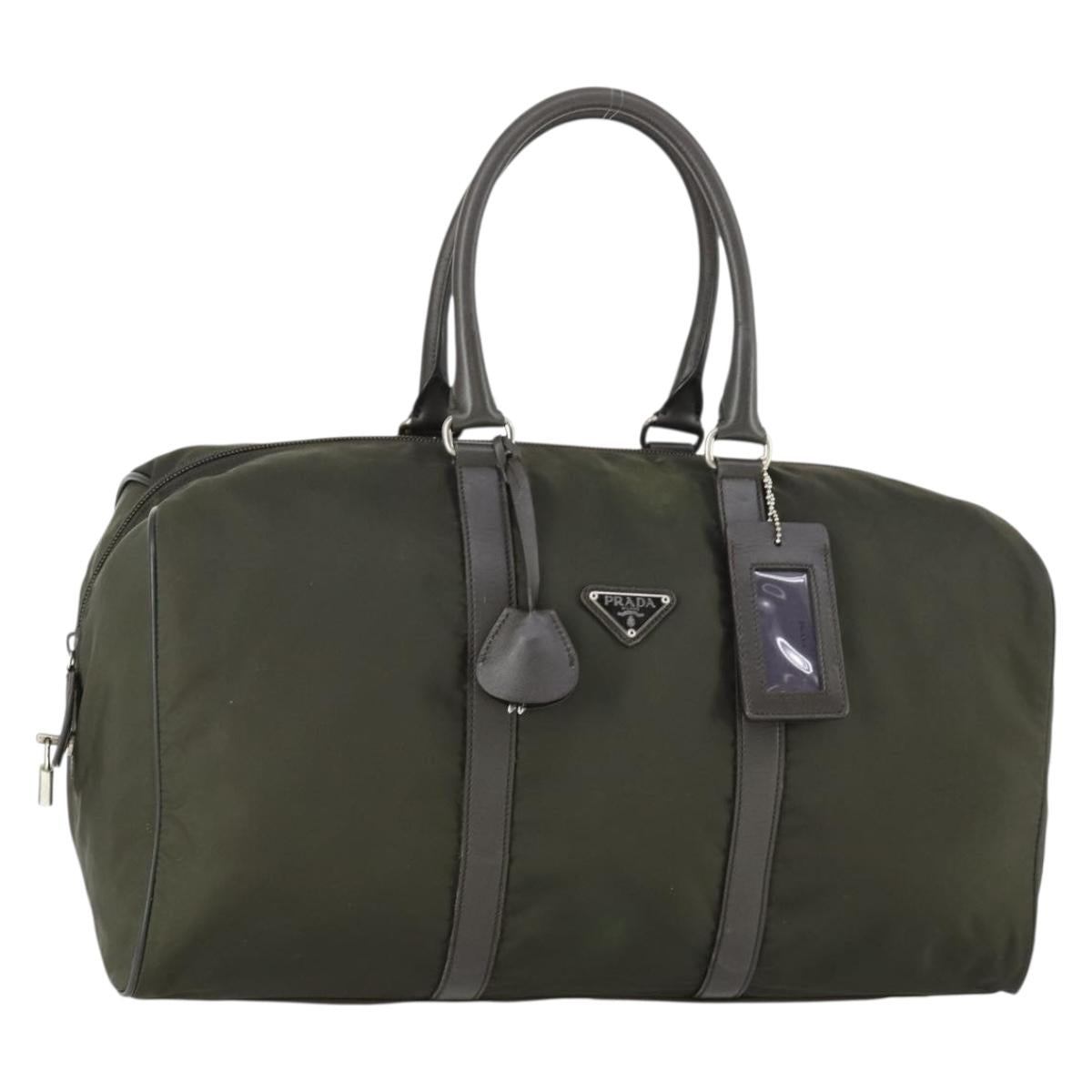 PRADA Boston Bag Nylon Khaki Silver Auth mr1945