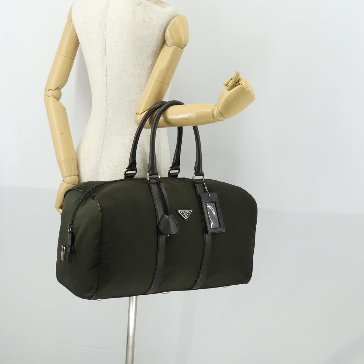 PRADA Boston Bag Nylon Khaki Silver Auth mr1945