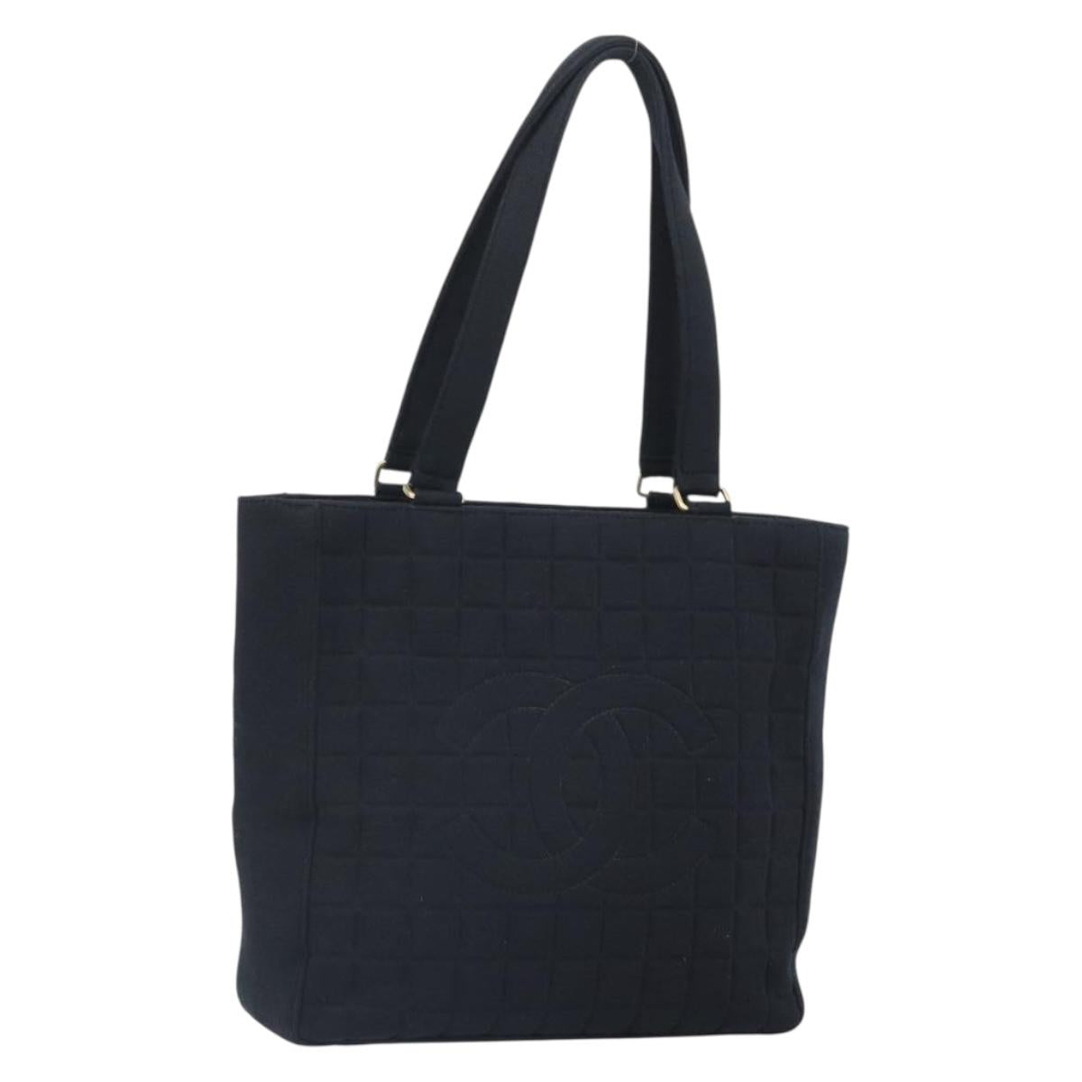 CHANEL Tote Bag Cotton Gold Black CC Auth mr1967