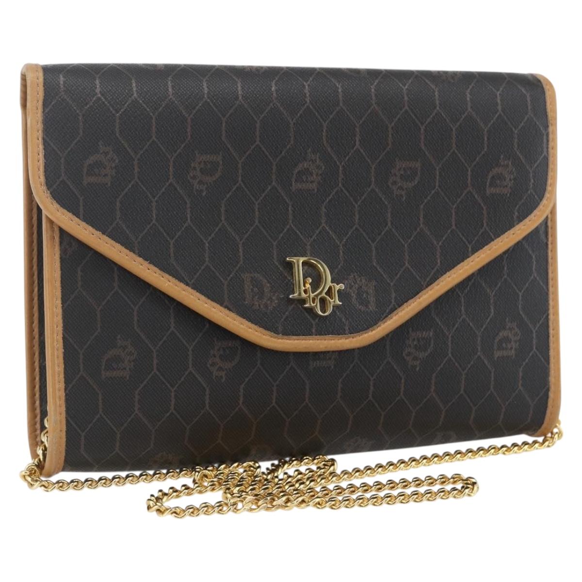 Christian Dior Honeycomb Canvas Chain Shoulder Bag Black Gold Auth mr1973