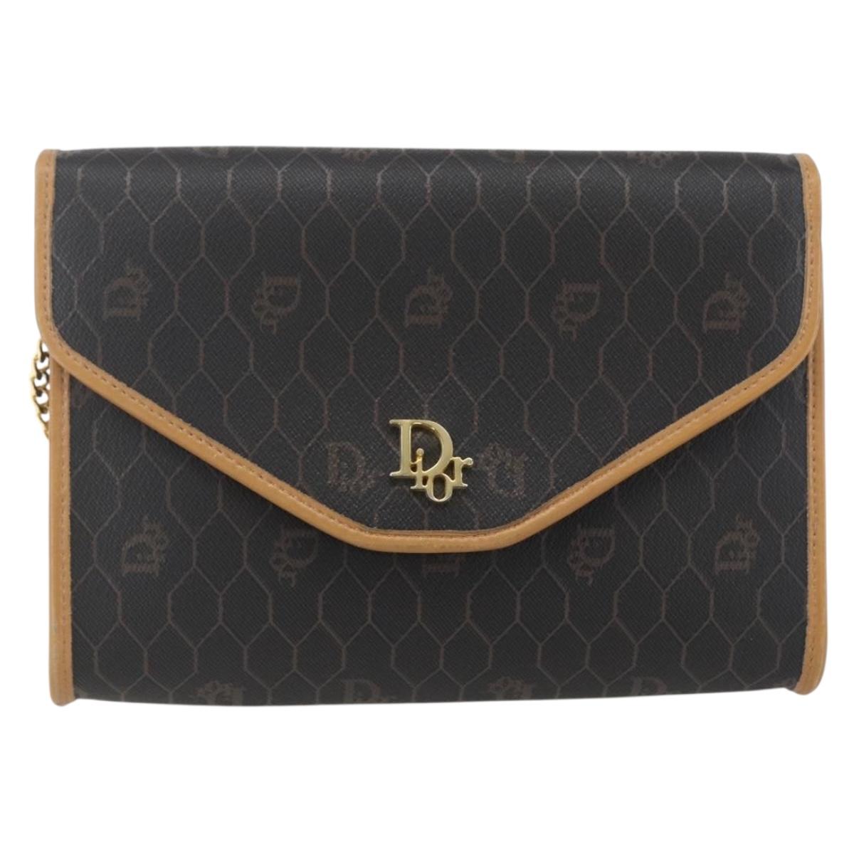 Christian Dior Honeycomb Canvas Chain Shoulder Bag Black Gold Auth mr1973