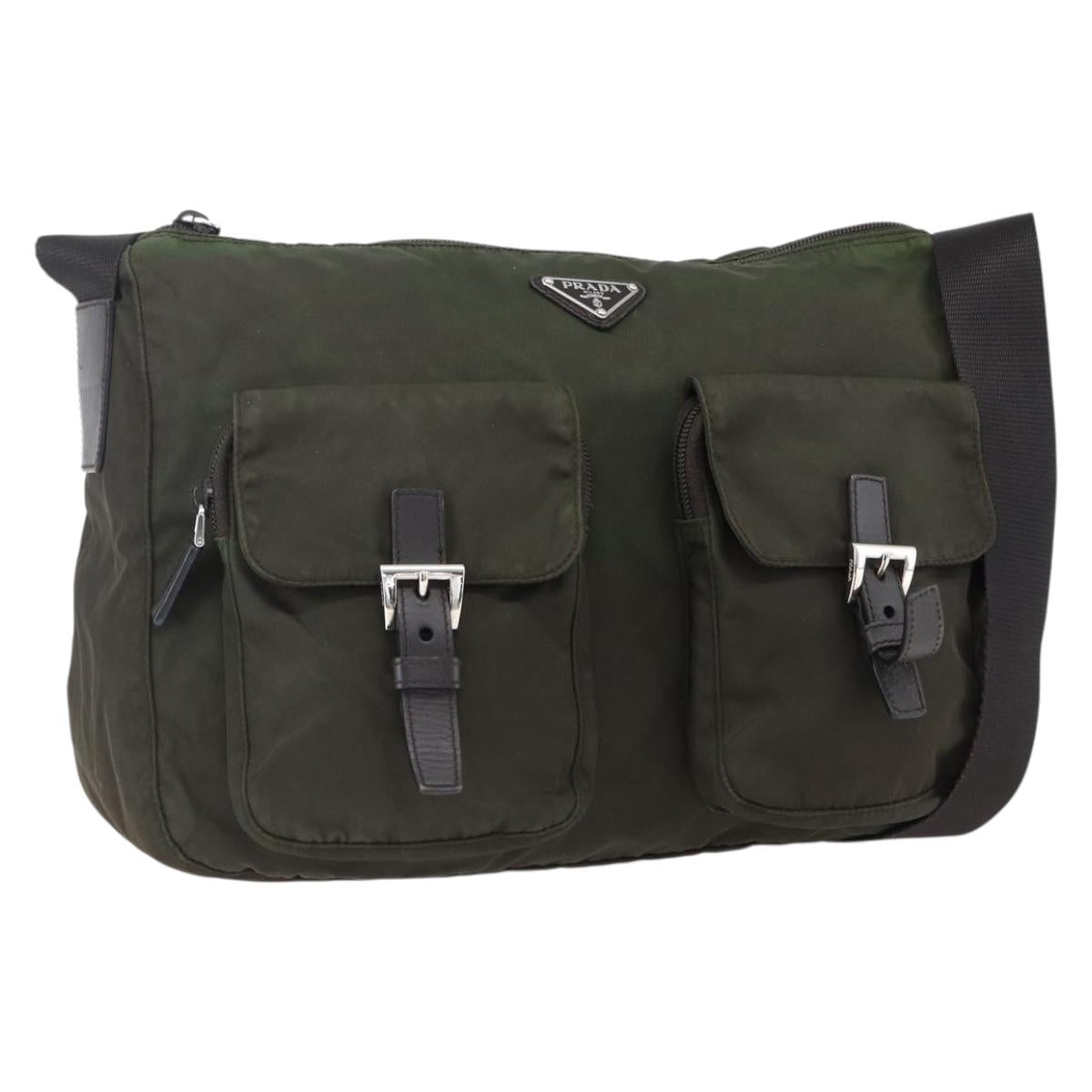 PRADA Shoulder Bag Nylon Khaki Silver Auth mr2000