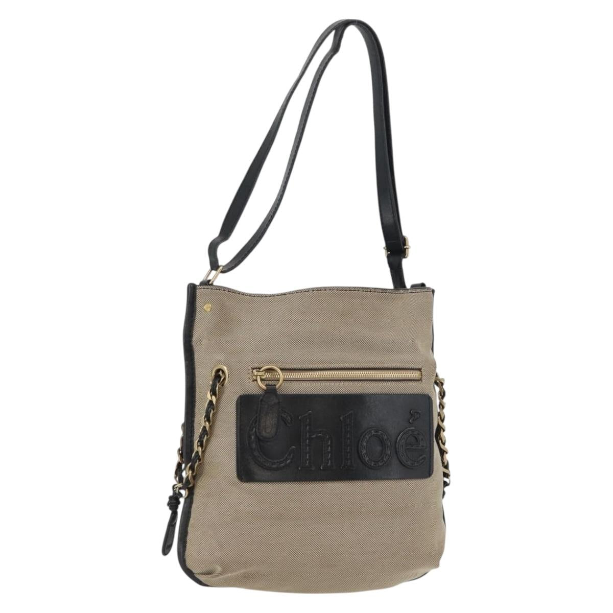 Chloe Shoulder Bag Canvas Beige Black Auth mr2002