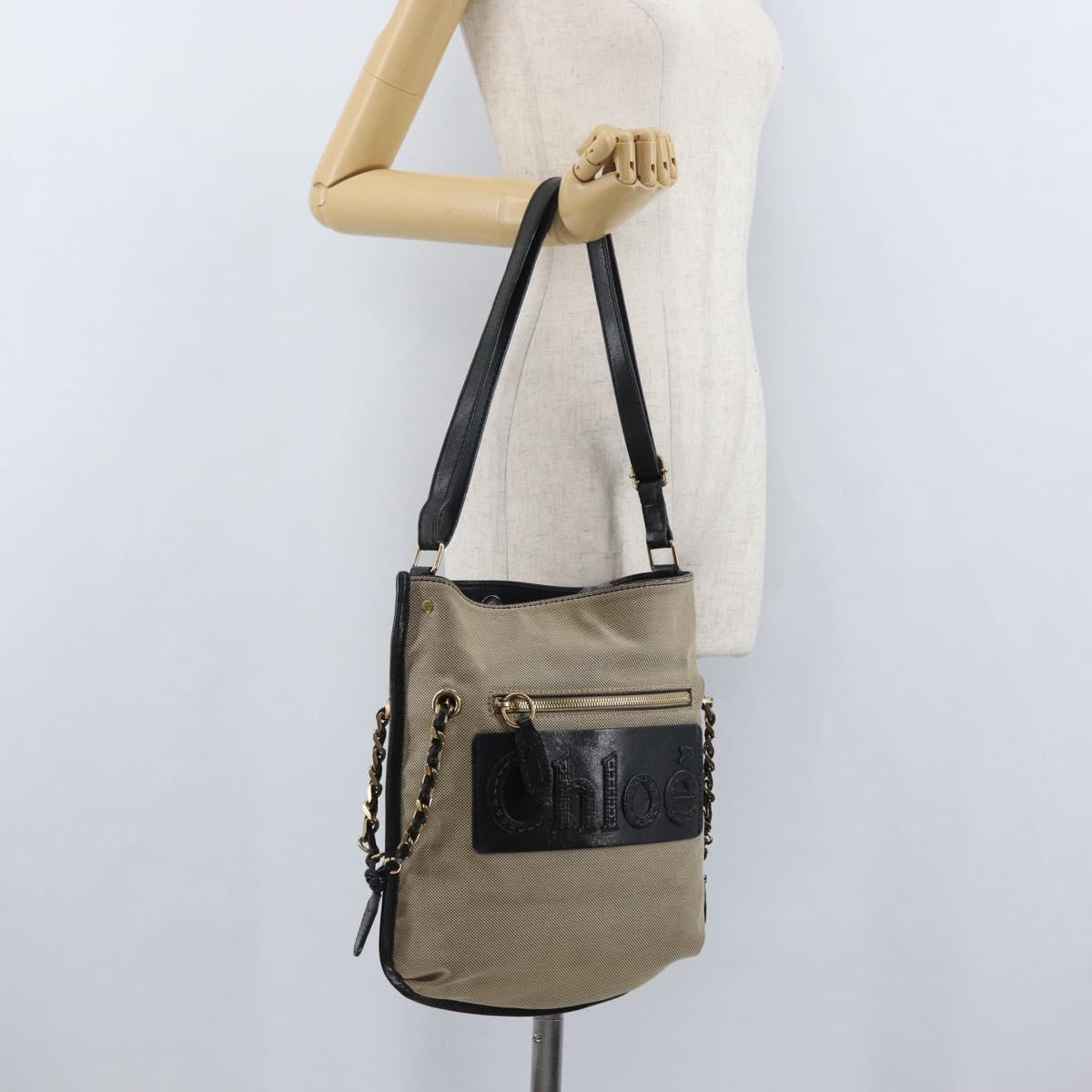 Chloe Shoulder Bag Canvas Beige Black Auth mr2002