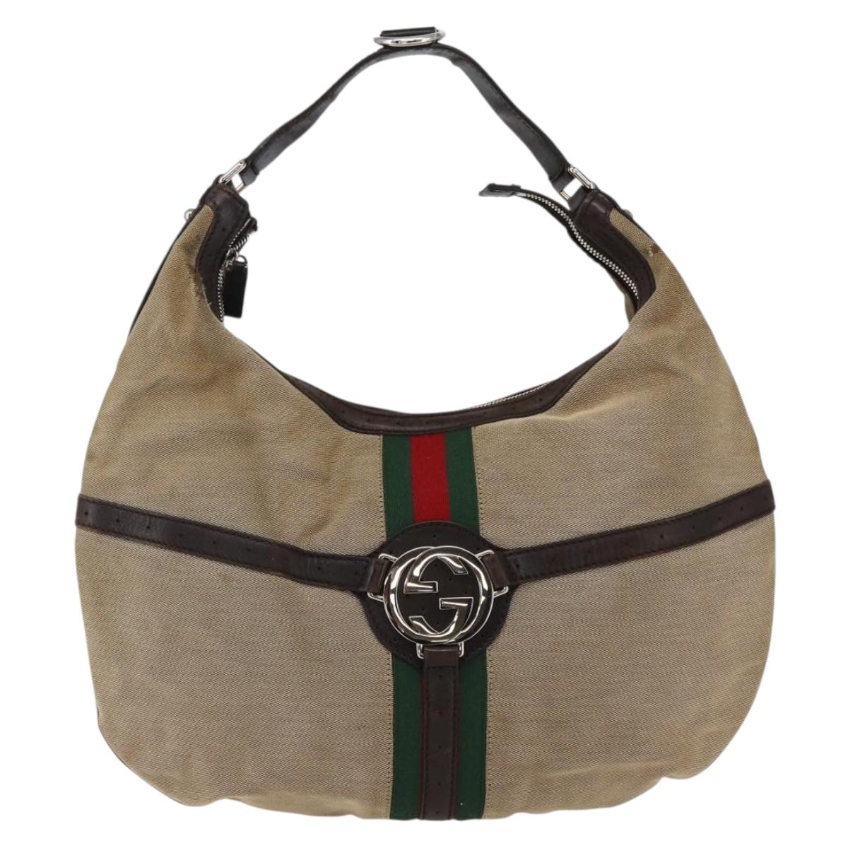 GUCCI Web Sherry Line Shoulder Bag Canvas Beige Silver 114871 Auth mr2006