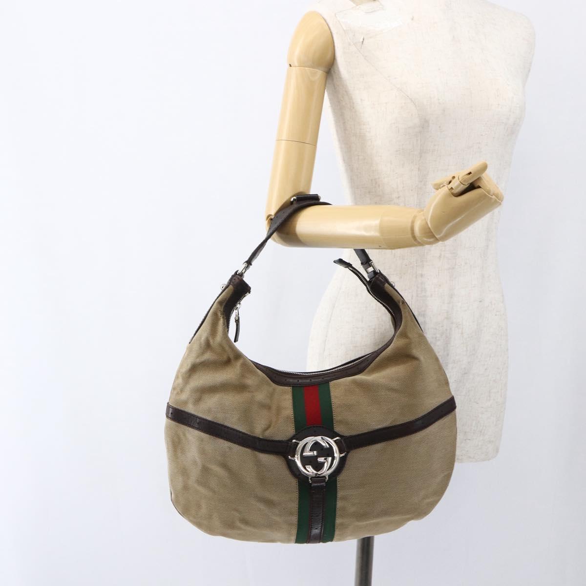 GUCCI Web Sherry Line Shoulder Bag Canvas Beige Silver 114871 Auth mr2006
