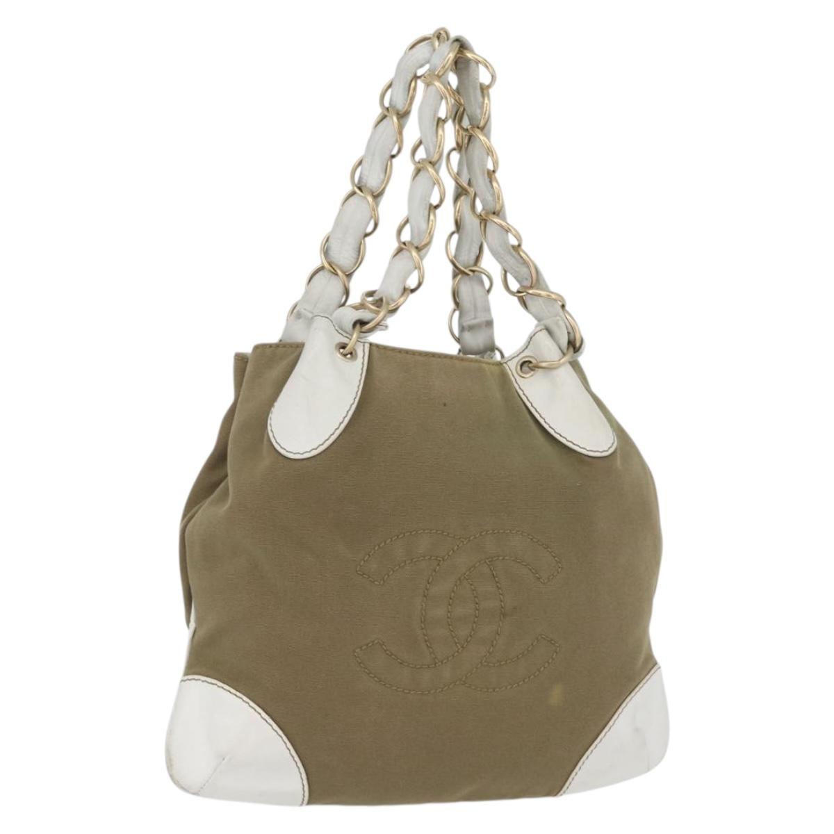 CHANEL Chain Tote Bag Canvas Beige Gold CC Auth mr2009