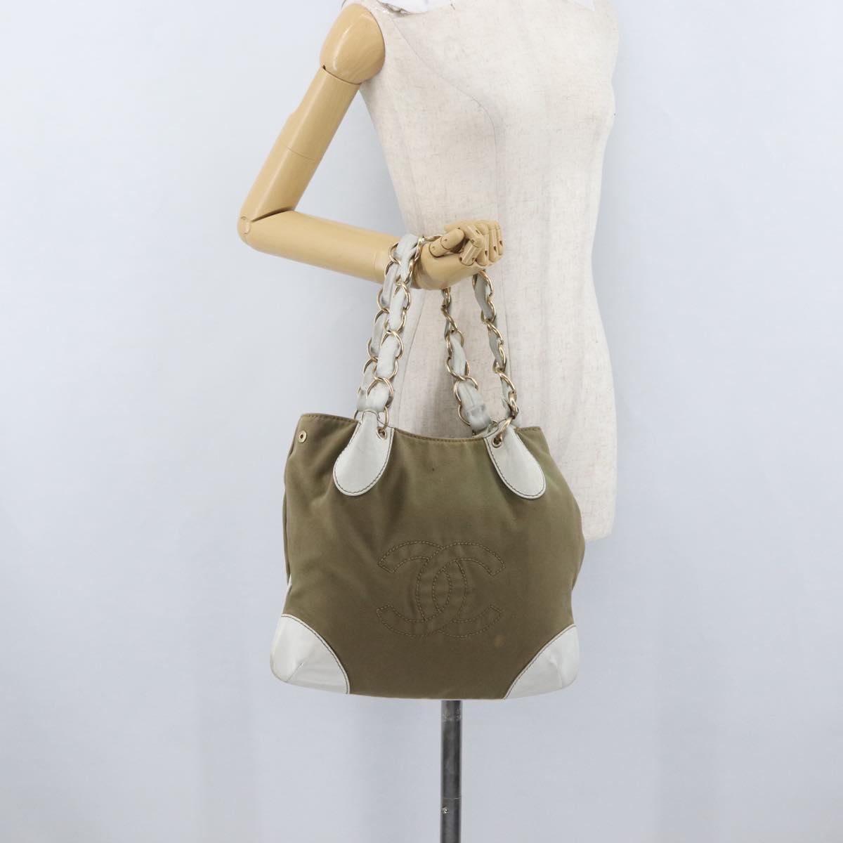 CHANEL Chain Tote Bag Canvas Beige Gold CC Auth mr2009