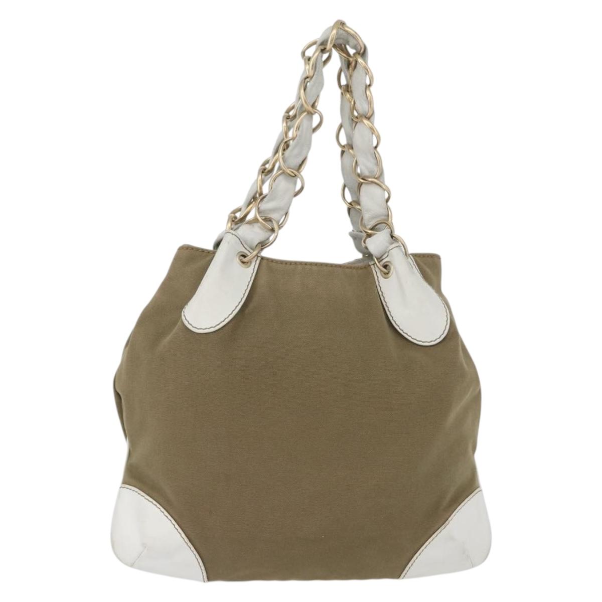 CHANEL Chain Tote Bag Canvas Beige Gold CC Auth mr2009