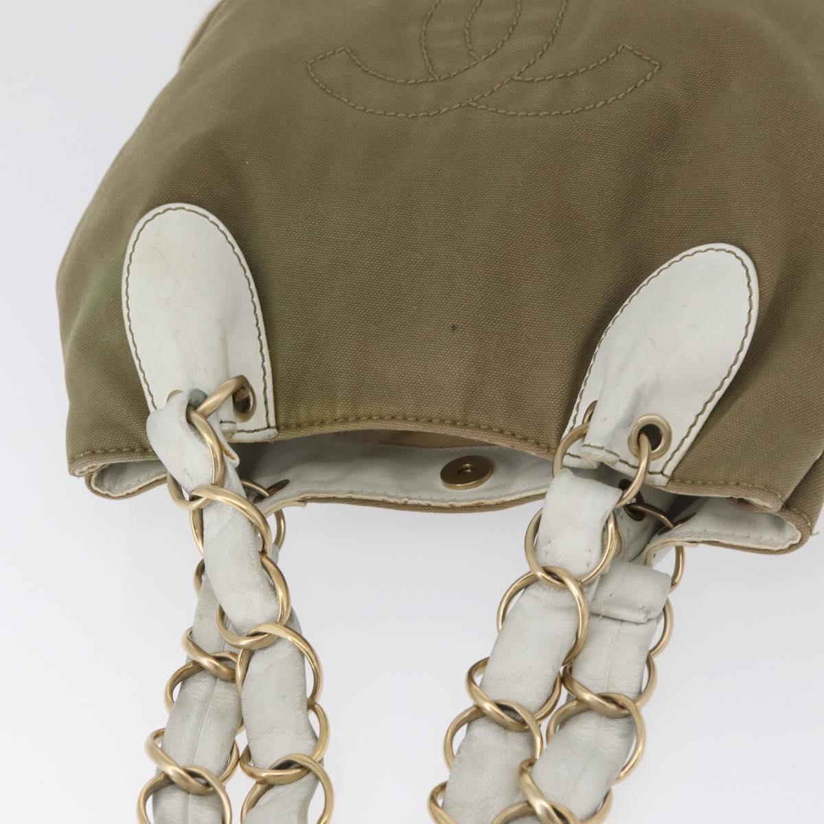 CHANEL Chain Tote Bag Canvas Beige Gold CC Auth mr2009