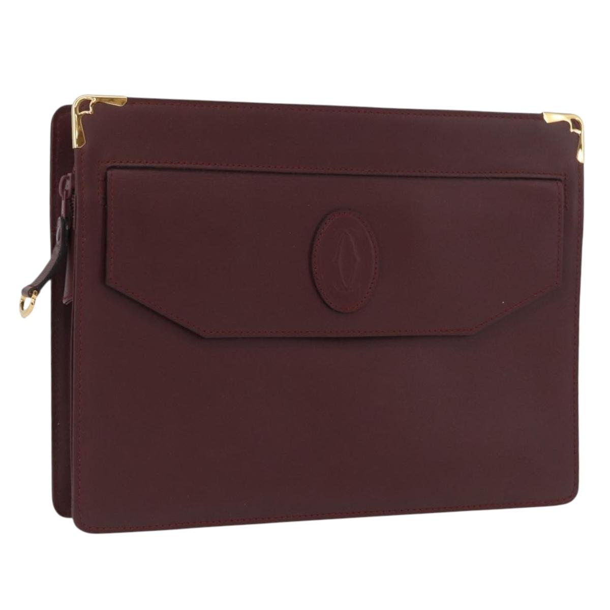 CARTIER Must Line Clutch Bag Leather Bordeaux Gold Auth mr2026