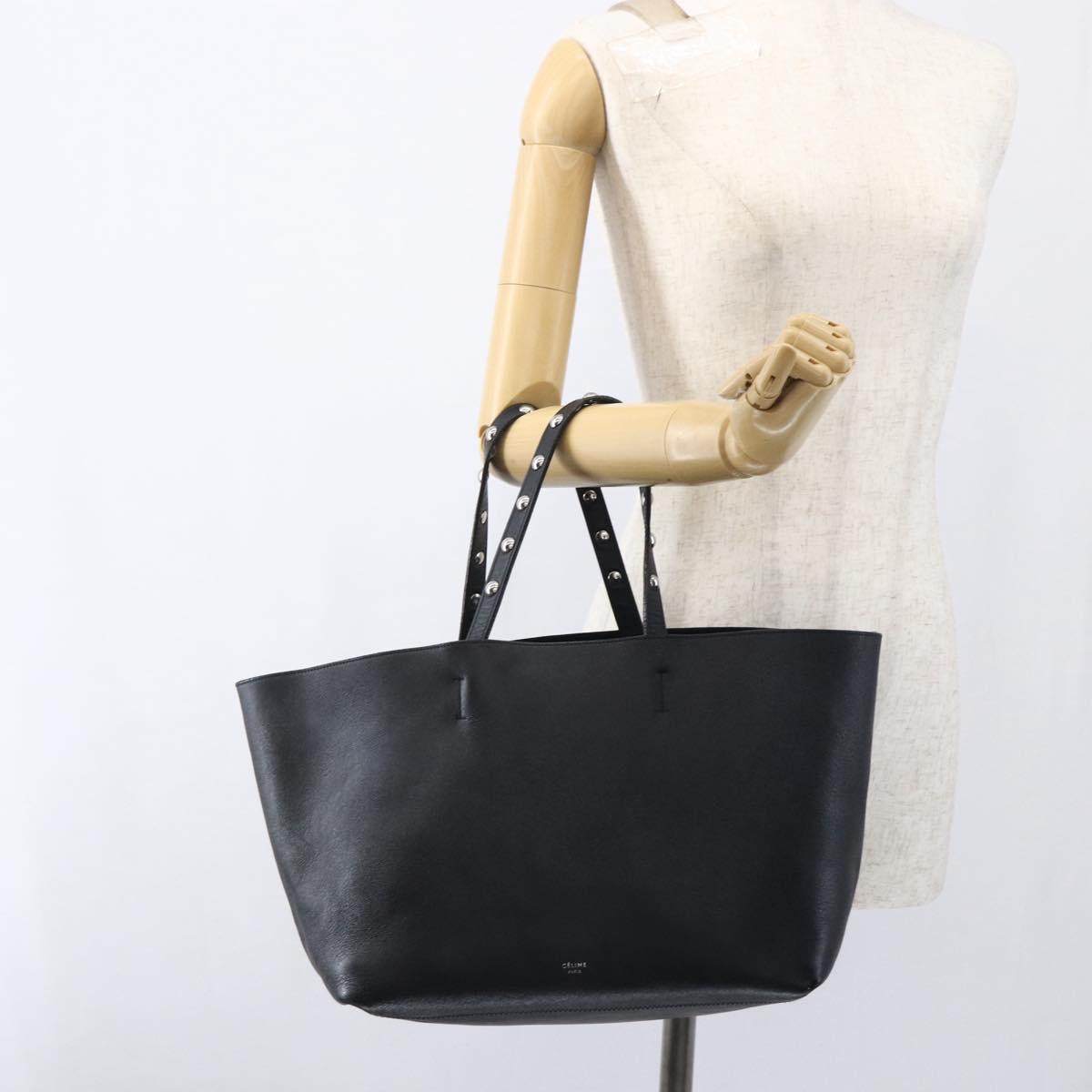 CELINE Studs Hand Bag Leather Black Silver Auth mr2054