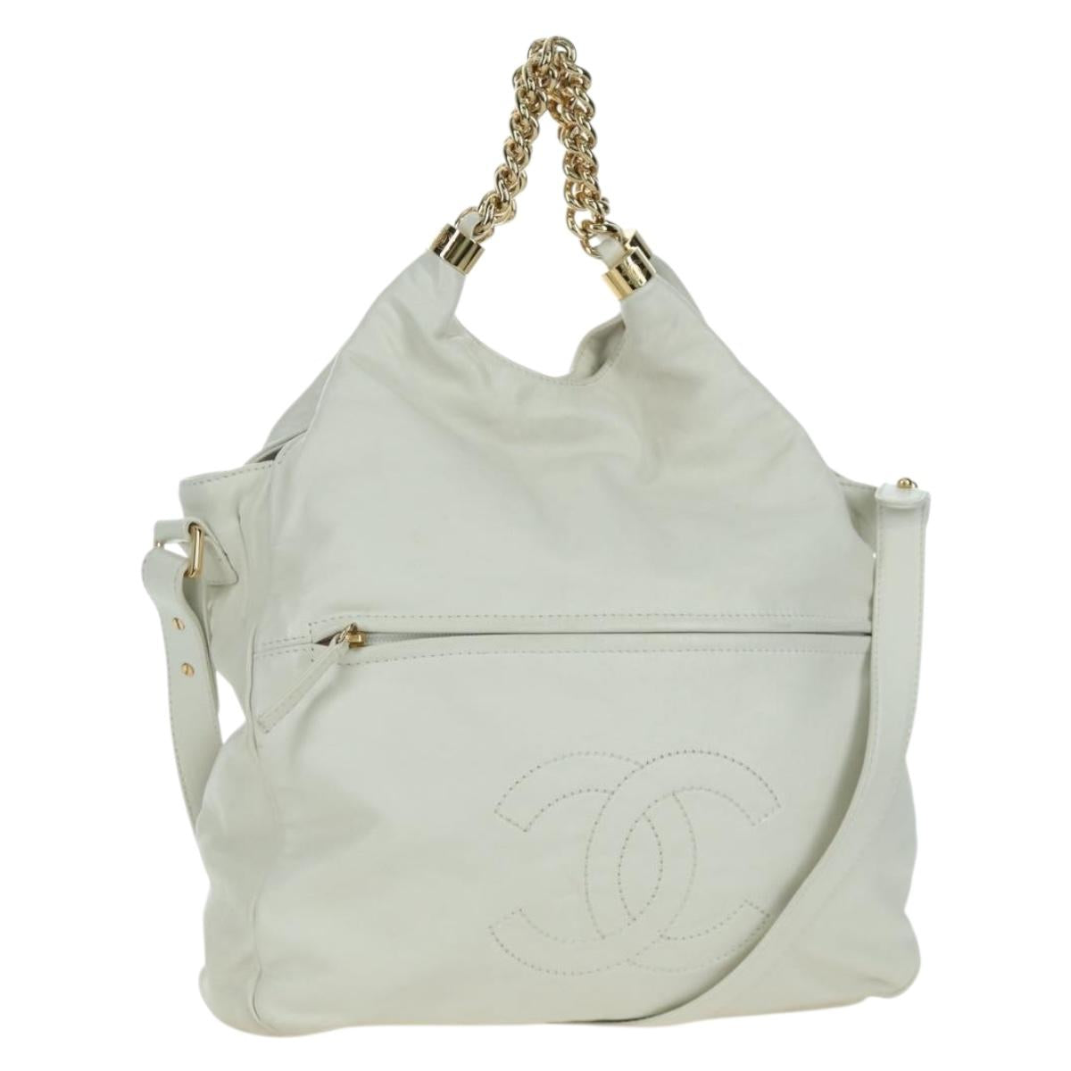 CHANEL Hand Bag Leather 2way White Gold CC Auth mr2057V