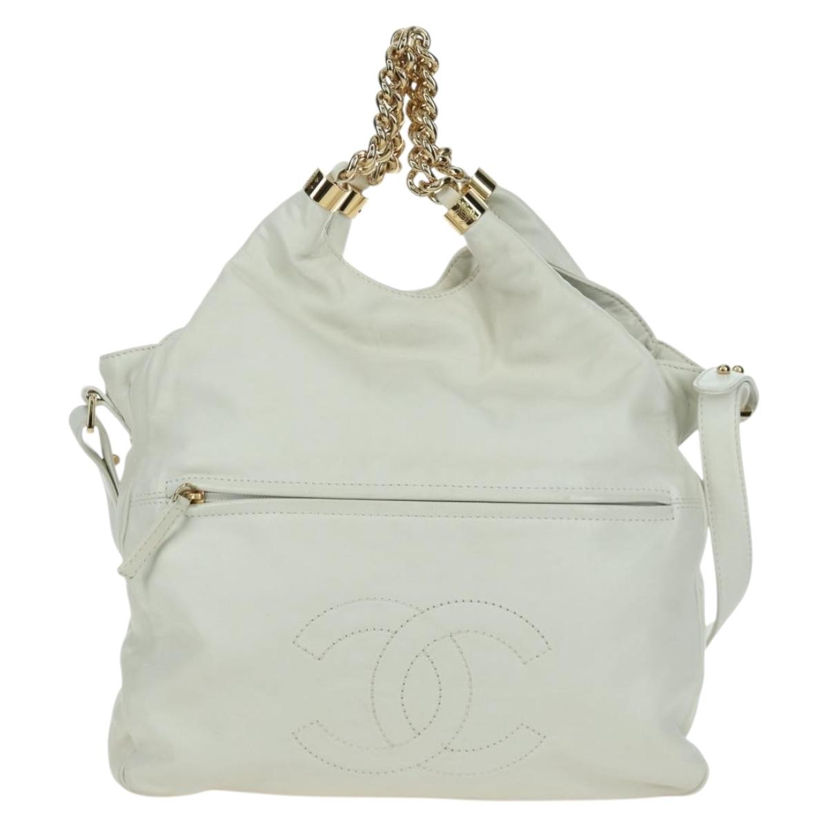 CHANEL Hand Bag Leather 2way White Gold CC Auth mr2057V