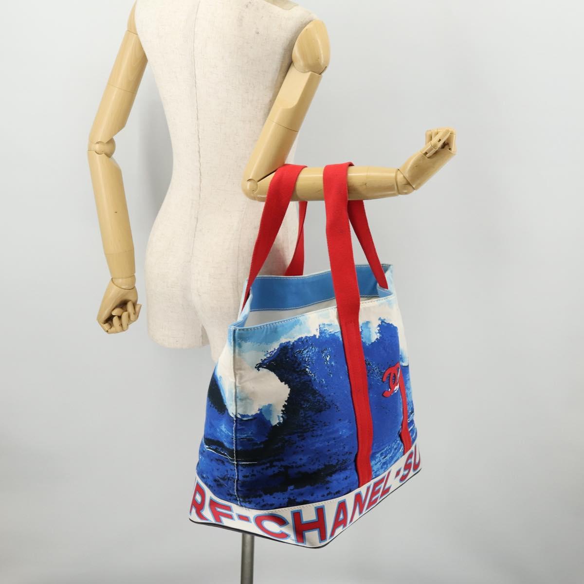CHANEL Surfline Tote Bag Canvas Blue White Red CC Auth mr2068V