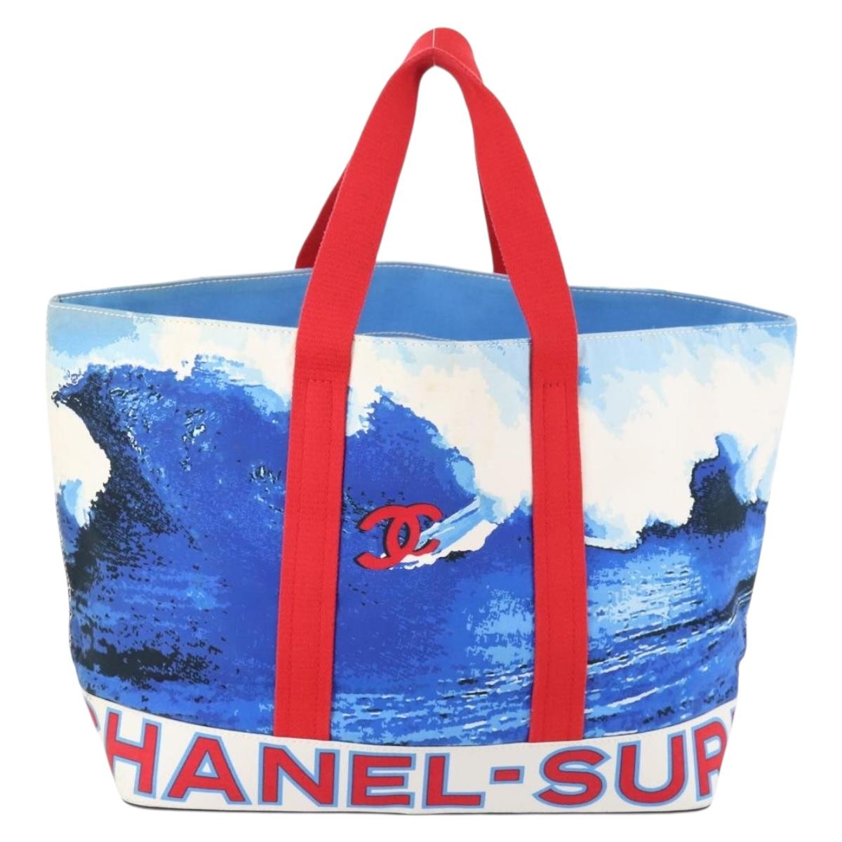 CHANEL Surfline Tote Bag Canvas Blue White Red CC Auth mr2068V