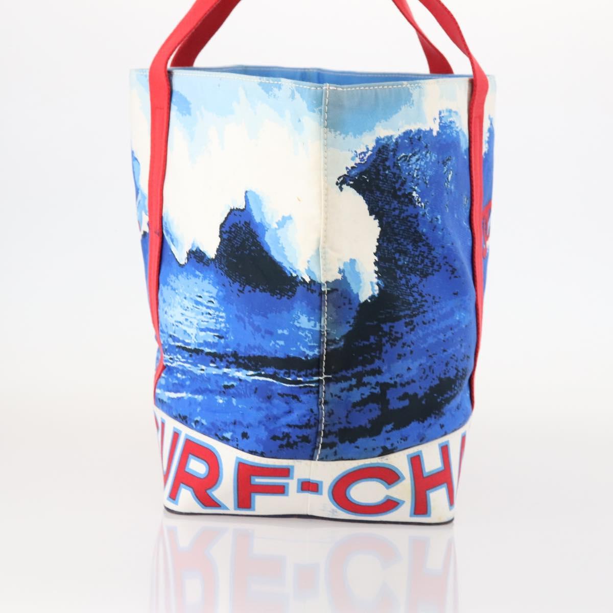 CHANEL Surfline Tote Bag Canvas Blue White Red CC Auth mr2068V