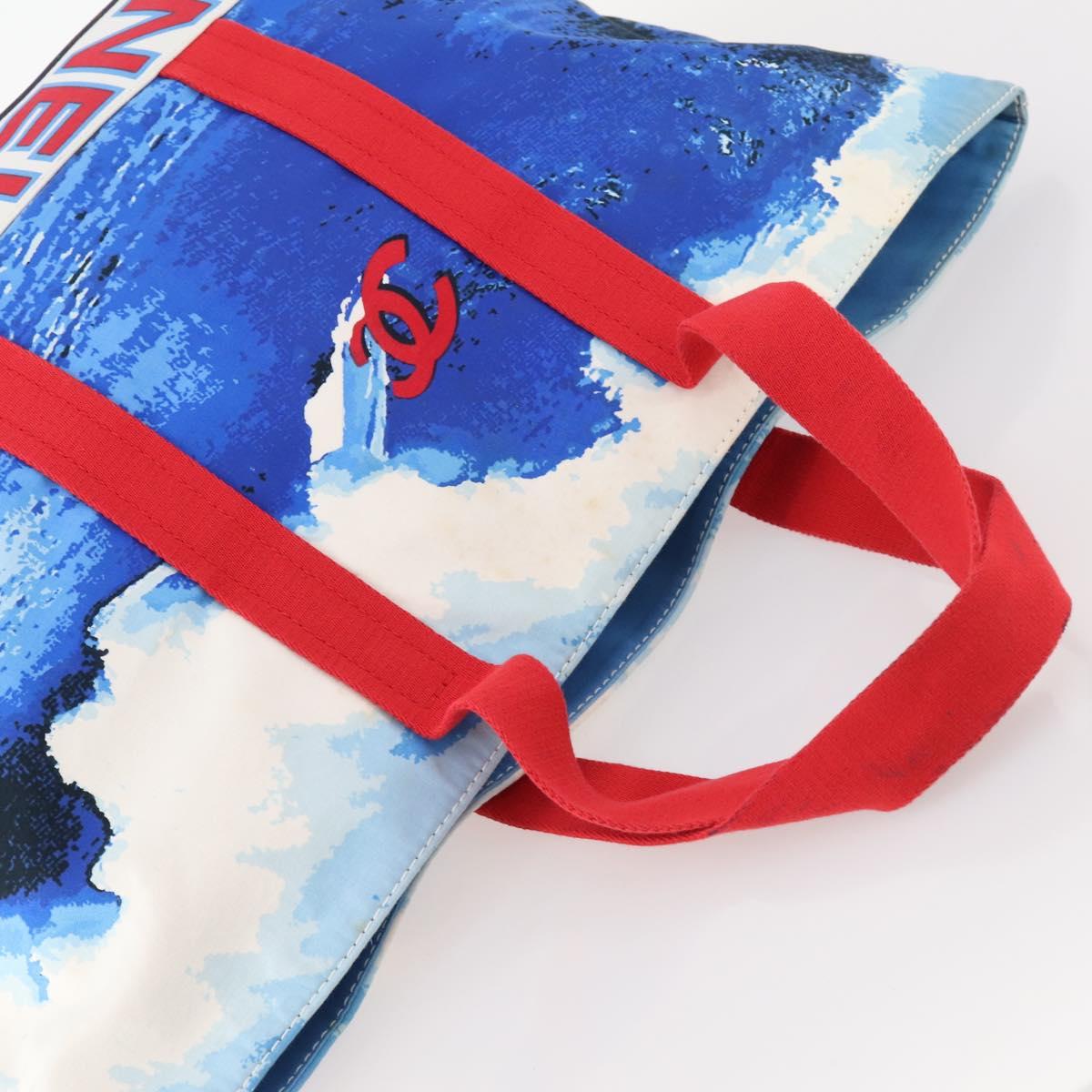 CHANEL Surfline Tote Bag Canvas Blue White Red CC Auth mr2068V