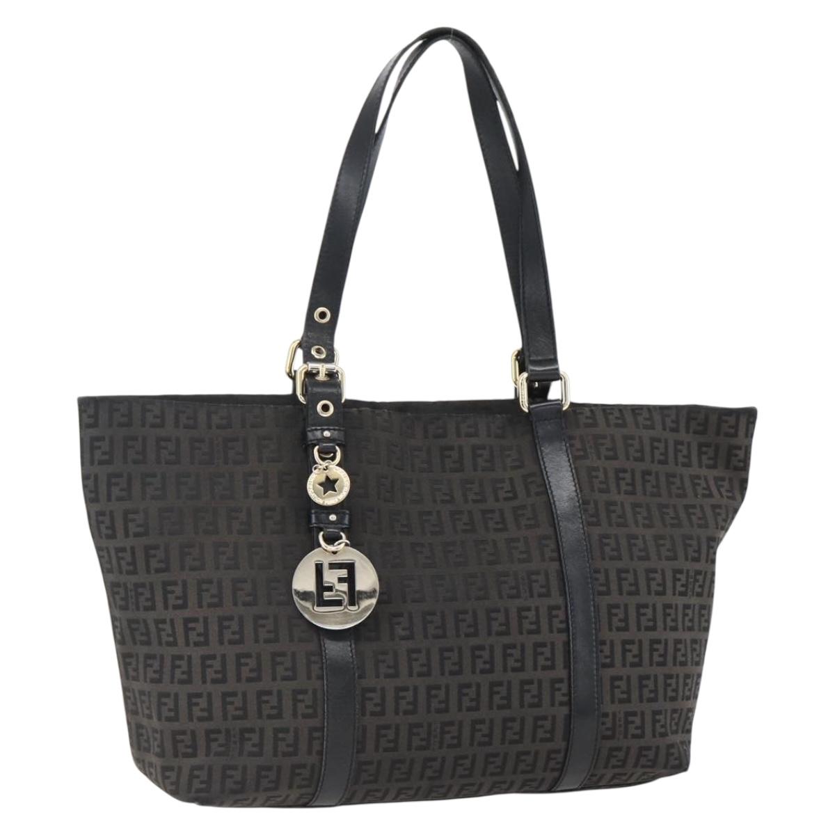 FENDI Zucchino Canvas Tote Bag Black Gold Auth mr2073
