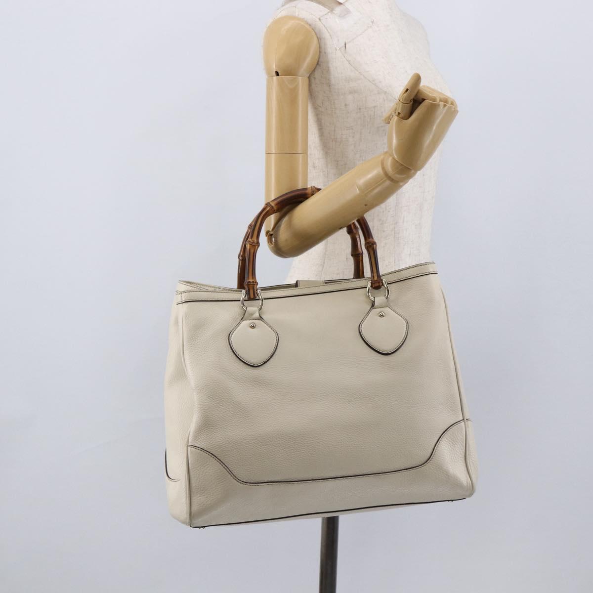 GUCCI Bamboo Hand Bag Leather White Gold 282317 Auth mr2074