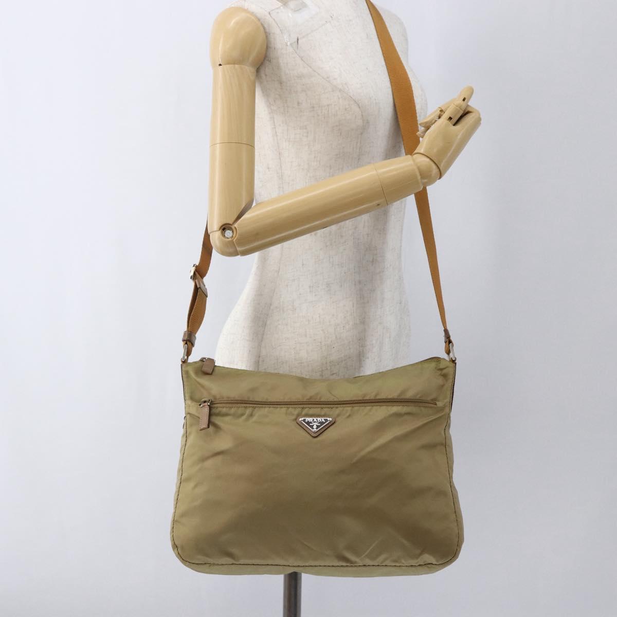 PRADA Shoulder Bag Nylon Beige Silver Auth mr2076