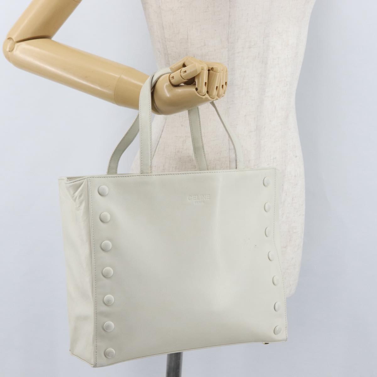 CELINE Hand Bag Leather White Gold Auth mr2081