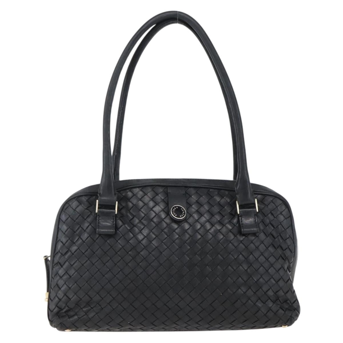 BOTTEGA VENETA INTRECCIATO Hand Bag Leather Black Gold Auth mr2087
