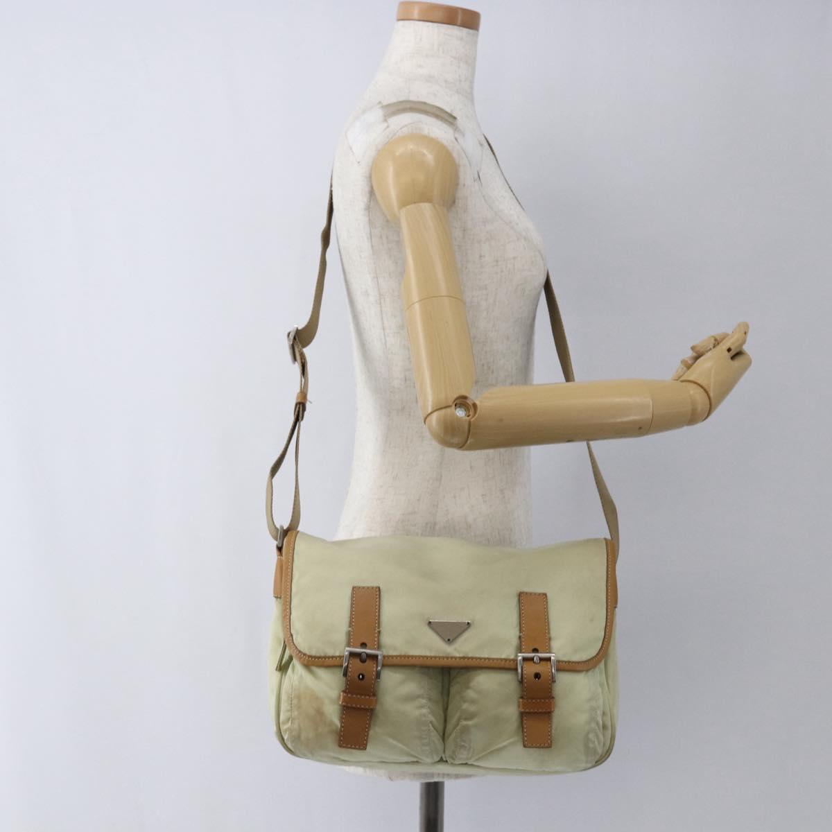 PRADA Shoulder Bag Nylon Beige Silver Auth mr2090