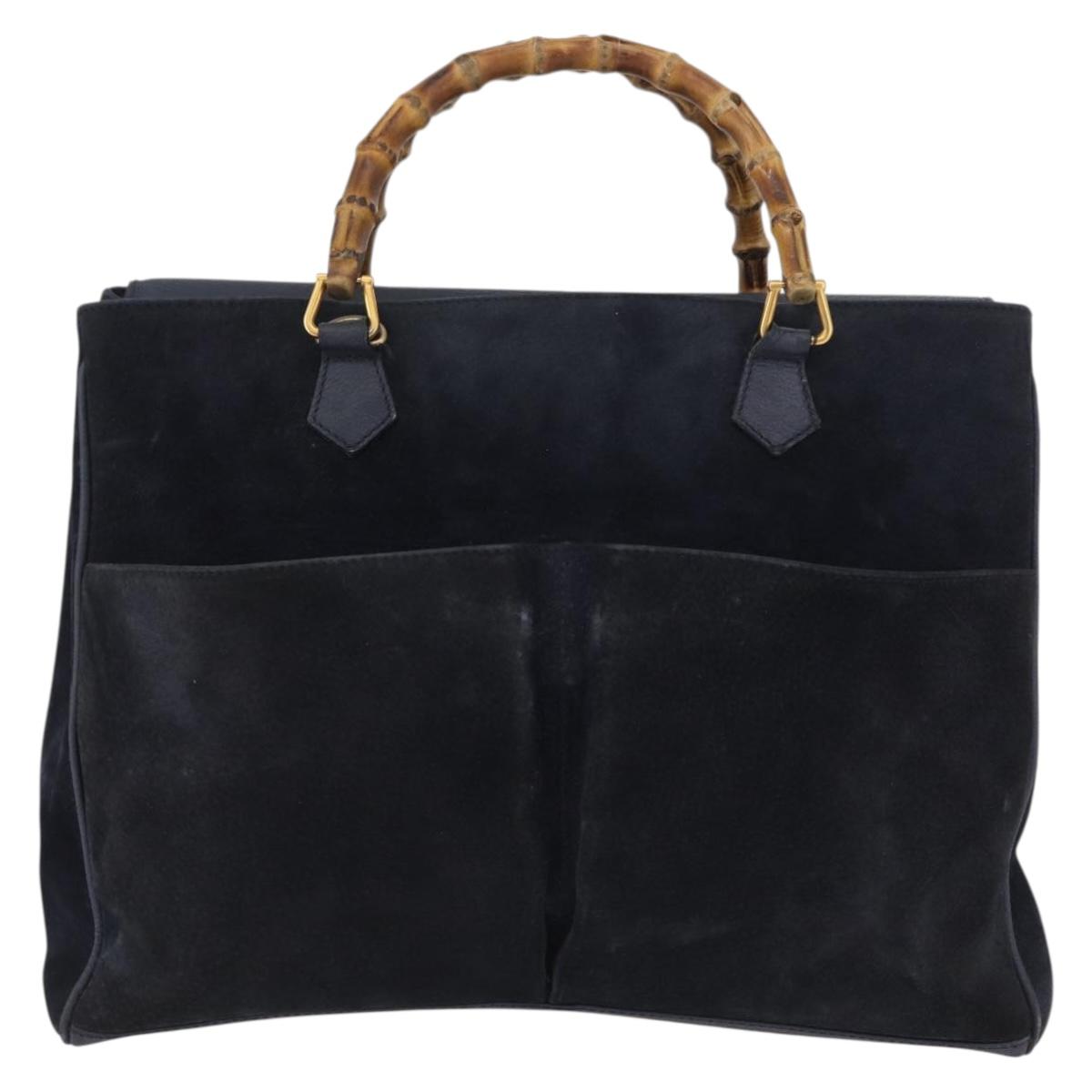 GUCCI Bamboo Hand Bag Suede Navy Gold 002 123 0322 Auth mr2091