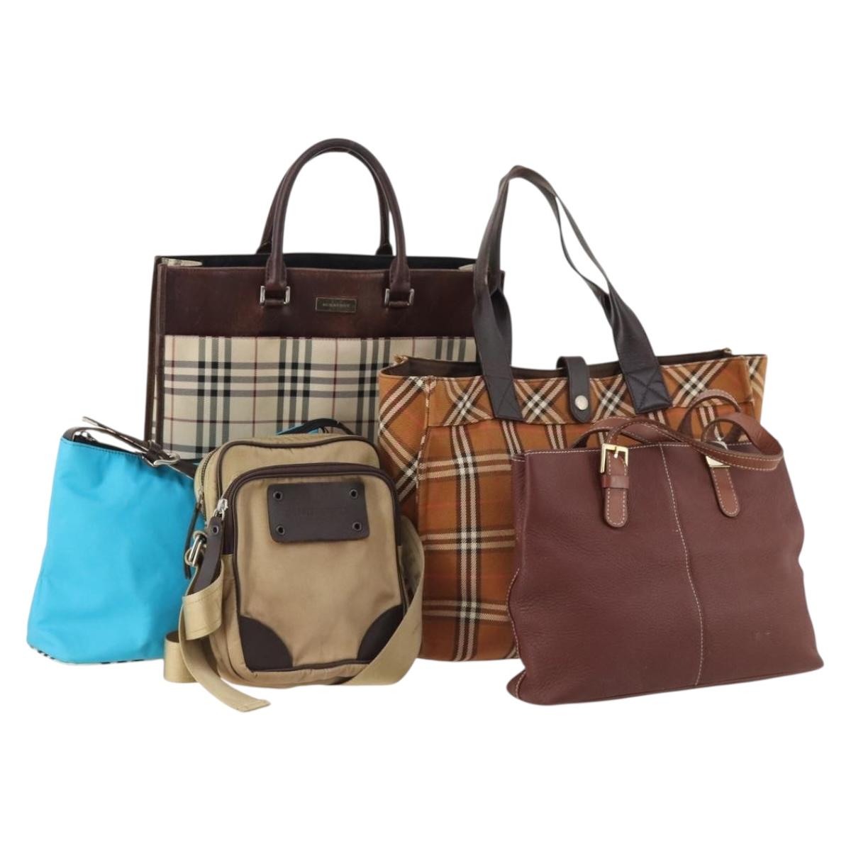 BURBERRY Nova Check Blue Label Bag Leather Nylon 5 Set Blue Brown Auth mr2107
