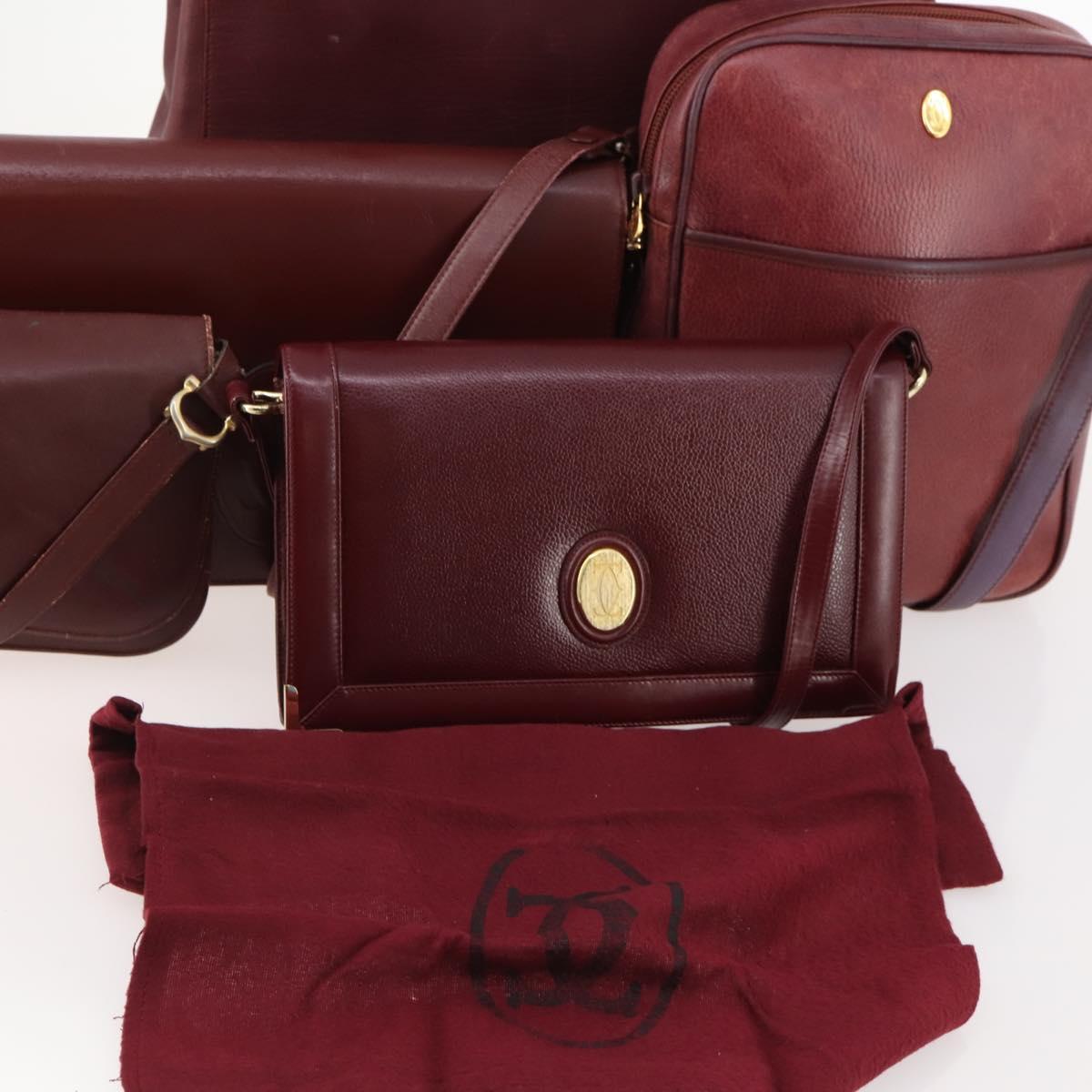 CARTIER Shoulder Bag Leather 5 Set Bordeaux Gold Auth mr2108