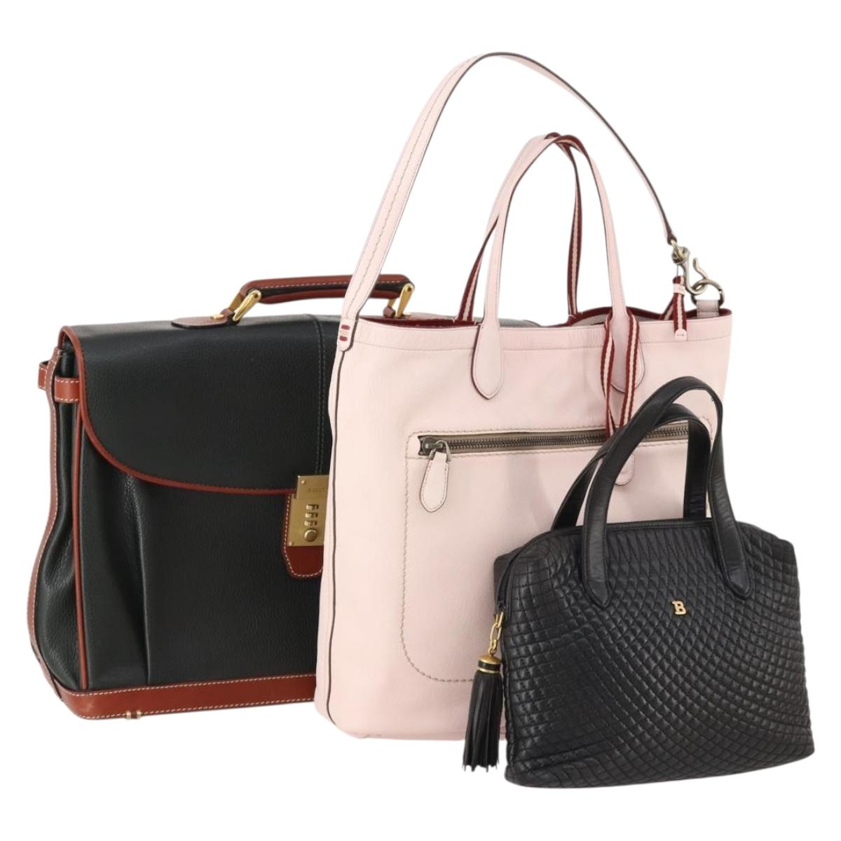 BALLY Hand Bag Leather 3 Set Black Pink Auth mr2113