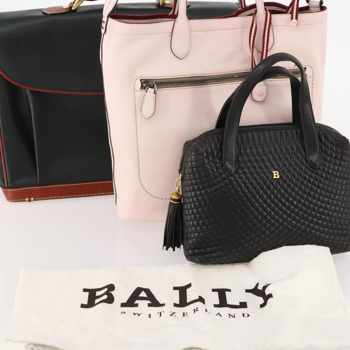 BALLY Hand Bag Leather 3 Set Black Pink Auth mr2113