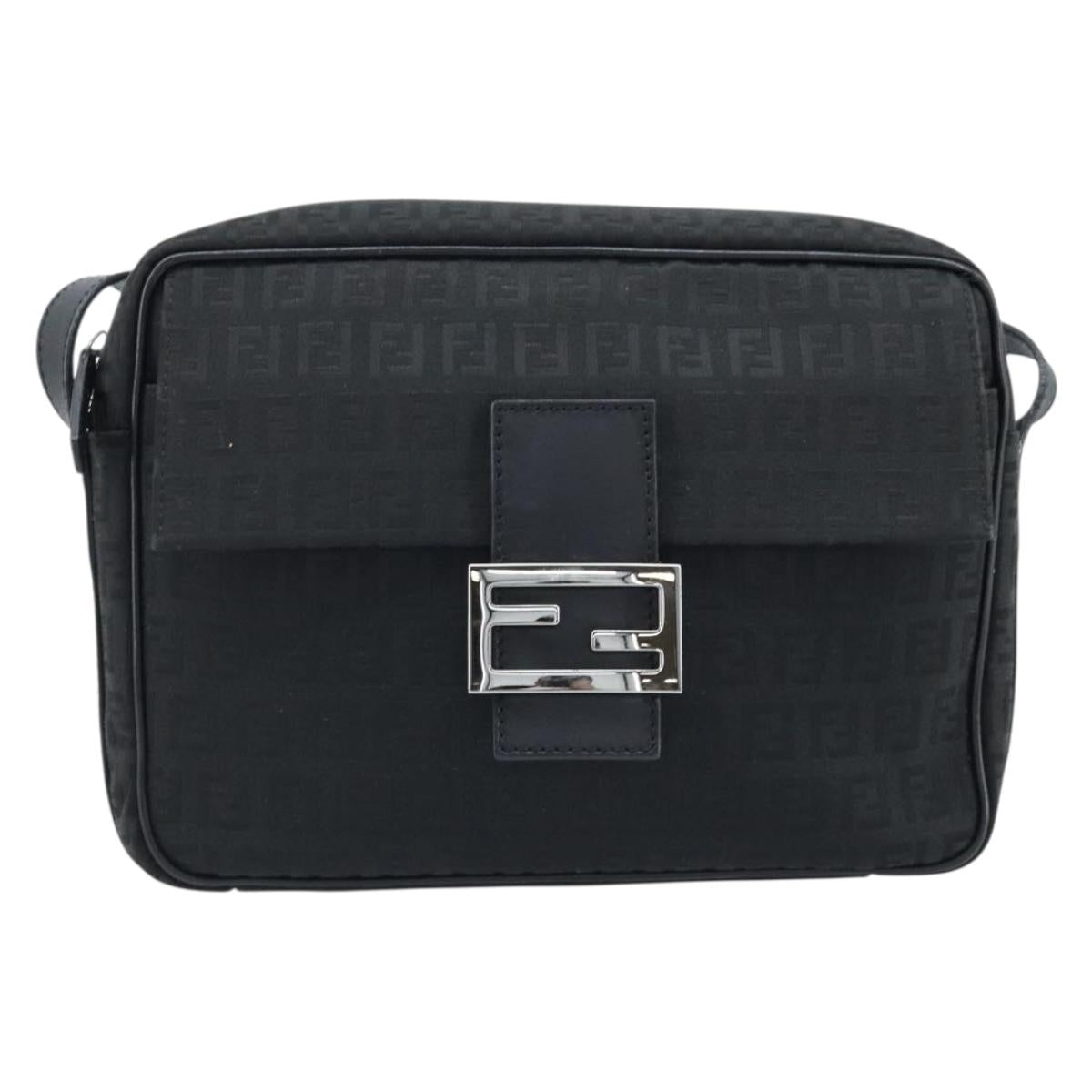 FENDI Zucchino Canvas Shoulder Bag Black Silver Auth mr2153V